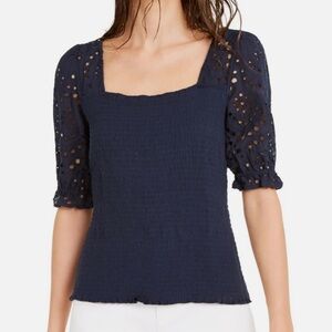 INC International Concepts Smocked Eyelet Puff Sleeve Blouse